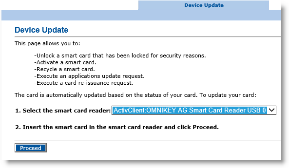 Device Update tab of CMS Operator portal with a smart card reader selected in step 1 and instructions to insert the device and click the Proceed button in step 2